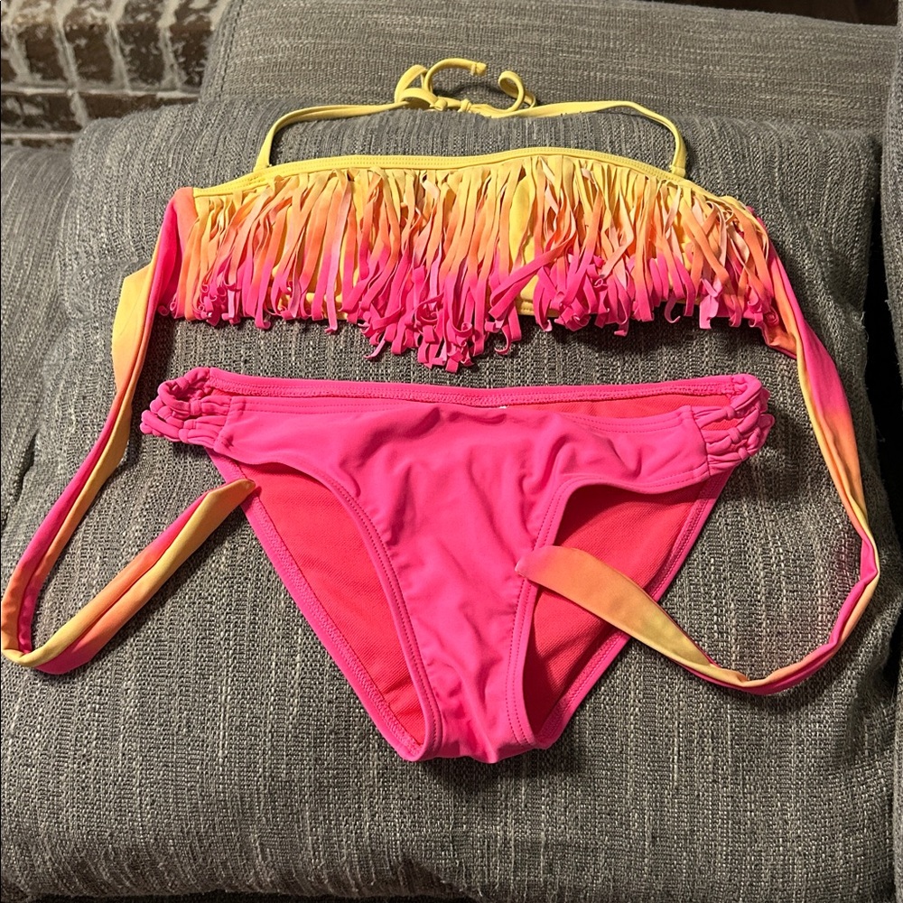 Neon Pink and Yellow Fringe Bikini Set